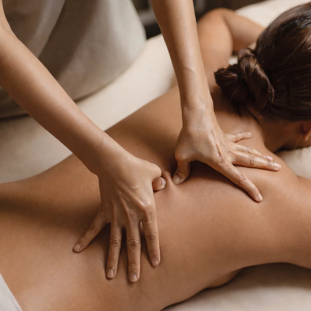 Deep pressure being applied along the shoulders and back